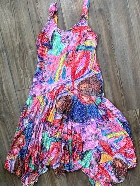 Carine Colorful Boho ChicAbstract Print Handkerchief Hem Sleeveless Dress Size S